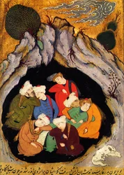 The Sleeping Seven of Ephesus from The Golden Legend by Jacobus de Voragine. Xilography of the 16th century. 16th century Persian miniature of the manuscript History of the Prophets, about 1550