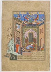 The gnostic has a vision of angels carrying trays of light to the poet Sadi, folio from a Haft awrang (Seven thrones) by Jami, probably Mashad, Khurasan, Iran, Safavid dynasty, 1556-1565