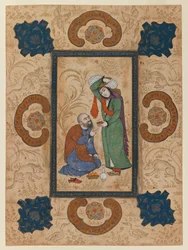 Young woman offering wine to a sage