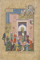 Yusuf preaches to Zulaykhas maidens in her garden, folio from a Haft awrang (Seven thrones) by Jami, probably Mashad, Khurasan, Iran, Safavid dynasty, 1556-1565