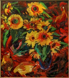 Still Life with Sunflowers and Chickens