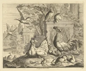 Rooster, Hen with Chicks, and Other Birds in a Garden with Ancient Ruins