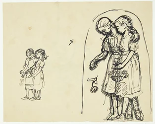 Two Little Girls Scattering Flowers. Two Sketches on the Same Sheet