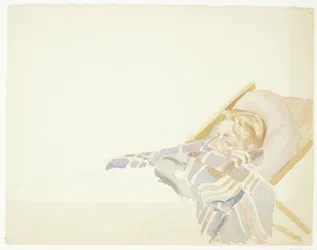 Young Man Wrapped in Plaid, Lying in a Deck Chair