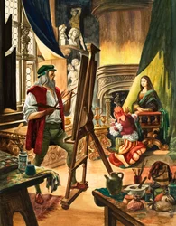 Leonardo da Vinci painting the portrait of the Mona Lisa