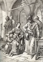 The assassination of the noble lady Ines de Castro, second wife of Peter I of Portugal in the monastery Santa Clara de Coimbra, Portugal 1355
