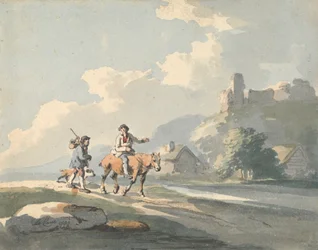 Composition: two travellers and a dog on a road passing cottages, with ruins on a hill