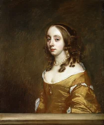 Portrait of a Lady of the Popham Family, half-length, Behind a Casement, Wearing an Orange Dress