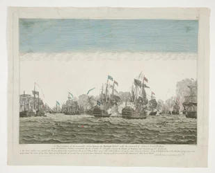 A representation of the memorable action between the British Fleet under the command of Admiral Lord Rodney and the French Fleet commanded by the Count de Graffe, between the islands of Domenica and Guadaloupe 12th April 1782