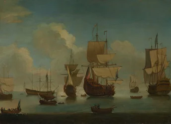 English warships at anchor in a calm, drying sails