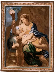 Flemish tapestry. Series The Triumph of the Eucharist. Allegory of Charity enlightening the world. Twentieth tapestry in the series. Model Peter Paul Rubens. 1626-1628. Manufacture Jan II Raes, Brussels