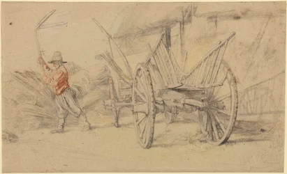 A Man Threshing Beside a Wagon, Farm Buildings Behind