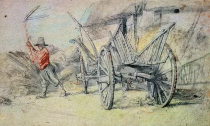 A Man Threshing with a Farm Cart in the Foreground