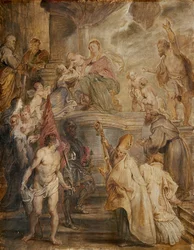 The Mystic Marriage of St Catherine (Colour Sketch for the Altar of the Church of the Augustinian Fathers in Antwerp), verso: Two Cavalry Battles