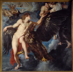 The kidnapping of Ganymede: While he grazes his flock on Mount Ida near Troy, Zeus turns into an eagle, takes him away to make him his lover and cupbearer of the gods. Painting from the workshop of Pierre Paul (Pierre-Paul) Rubens (or Peter Paul or Petrus