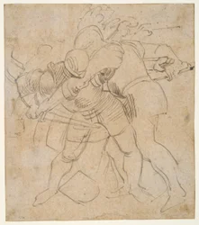 Two Armored Soldiers Fighting (recto); a Dog (verso)