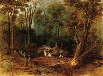 Maoris Crossing a Forest Stream