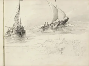 Two Sailing Ships with Figures at Sea