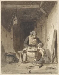 Man and Boy Eating in a Barn