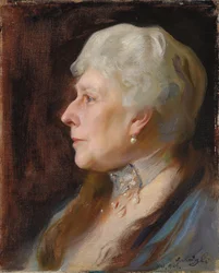 Portrait of Princess Henry of Battenberg, née Princess Beatrice of Great Britain, in profile to the left, wearing a choker and drop earrings