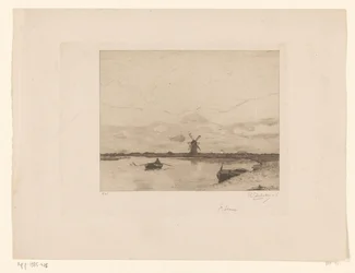 Canal with Rowboat in Meadow Landscape with Mill