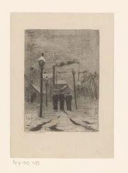 Three Workers Walking Through a Snowy Village Street