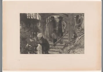Families Descending a Wooden Staircase