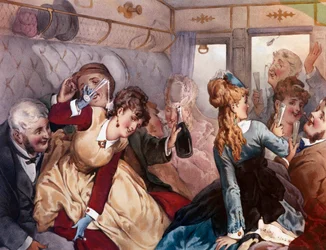 The Pleasure Train A group of bourgeois drinking and entertaining themselves in a wagon. Lithograph by Philippe Jacques Linder