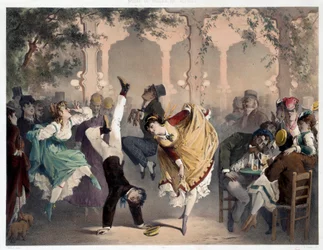 The grid has Bullier Scene popular entertainment. Lithograph by Philippe Jacques Linder