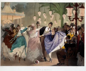 The Waltz in Mabille Dance Scene in Mabille in 1867. Lithograph by Philippe Jacques Linder. Series Musee de Moeurs et d