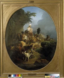 Caravan: the journey of a group of peasants with oxen, donkey, dog, goats