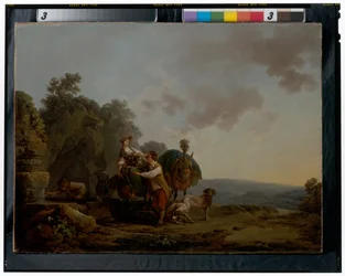 Travellers with Hounds and Heavily Laden Mules at a Well