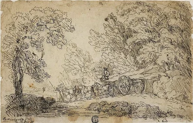 Hauling Logs in a Forest (front); Sketches of People in Various Activities (back)