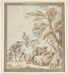 Shepherds with Cows and Sheep. Left, a Shepherd with a Staff, Next to Him a Shepherd Riding a Horse. Right, Trees