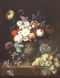 Still Life of Flowers in a Classical Vase with a Bunch of Grapes
