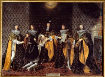 King Louis XIV receives his brother, the Duke of Anjou, knight of the Order of the Holy Spirit. Painting by Philippe de Champaigne (1602-1674), 17th century, Grenoble, Musée des Beaux-Arts