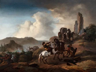 Bandits Ambushing Travelers on a Path in an Italianate Landscape, c.1640-50