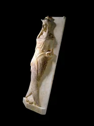 Phenician civilization: sarcophagus cover in marble carved of the representation of a woman (lying). 4th-3rd century BC. Cartagena, Museum, Spain