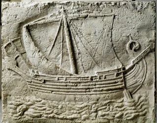 Phoenician art: bas relief of sarcophagus representing a merchant ship - From the old port of Sidon (Saidoon) in Lebanon
