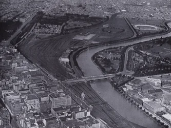 Melbourne: An aerial view of the Jolimont Railway Yards and the River Yarra, Showing a small section of the city and Richmond in the distance