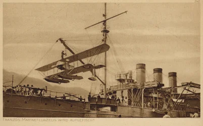 French Naval Aeroplane Being Lifted onto a Ship