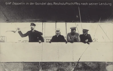German airship constructor Graf Ferdinand von Zeppelin in the gondola of one of his airships after landing