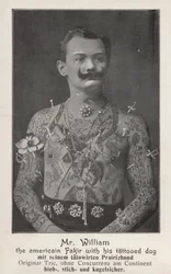 Mr William, the American Fakir with his tattooed dog