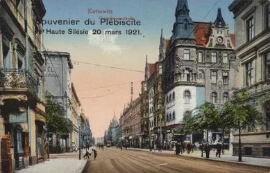 Street in Katowice, Poland, souvenir postcard commemorating the plebiscite in Upper Silesia held on 20 March 1921 to determine part of the border between Poland and Germany