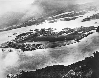 Aerial View of Ford Island and Battleship Row, Pearl Harbor, 7th December 1941