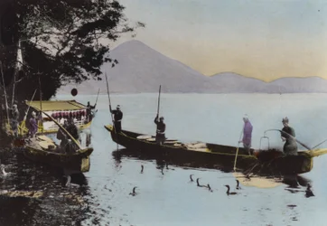 Japan, c.1912: Fishing with a cormorant, Nagaragawa