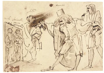 Caricature of the Artist Presenting a Picture of Himself and Simonelli to the Collector Panesio and Another Spectator