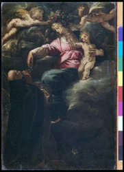 Madonna of the Rosary with the Christ Child, St. Dominic and two Angels