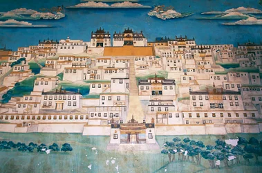 Fresco depicting the city in Ganden Sumtsenling Monastery, Zhongdian, Yunnan Province, China