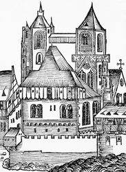 Montecassino Abbey, German woodcut, from Nuremberg Chronicle by Hartmann Schedel